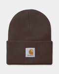 Lockwood Avenue Carhartt acrylic watch beanie in dark brown with a ribbed knit texture and front woven logo patch.