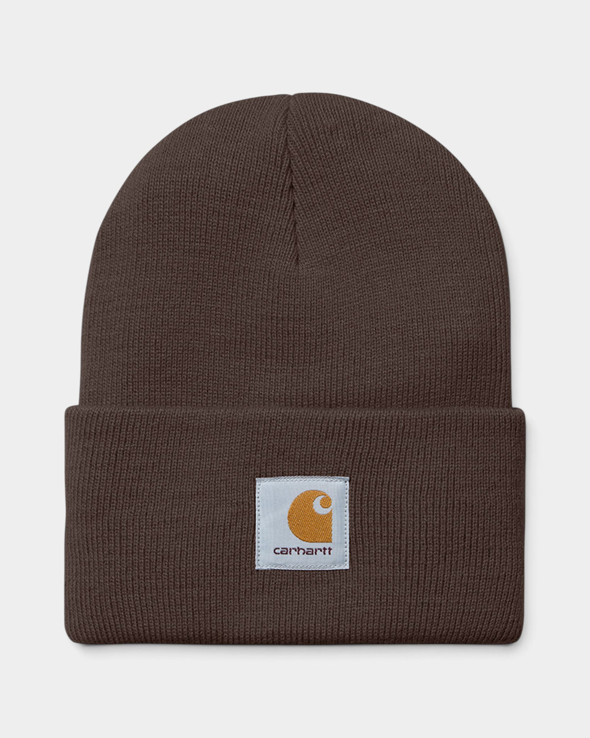 Lockwood Avenue Carhartt acrylic watch beanie in dark brown with a ribbed knit texture and front woven logo patch.