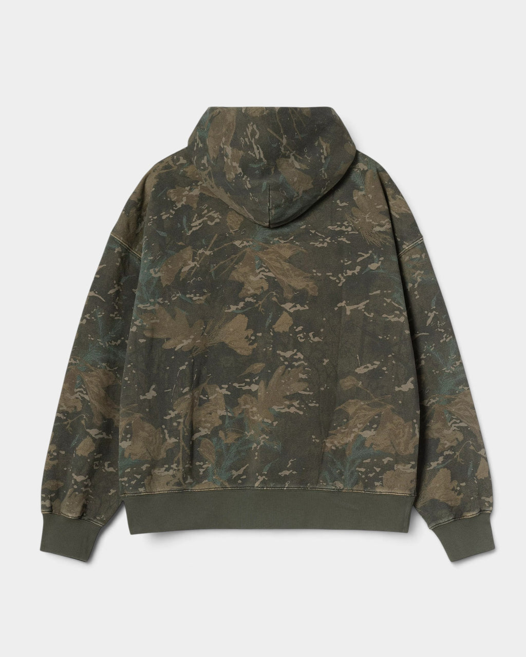 Back view of Lockwood Avenue Carhartt Hooded Benton Sweat Jacket in camouflage print heavyweight cotton jersey