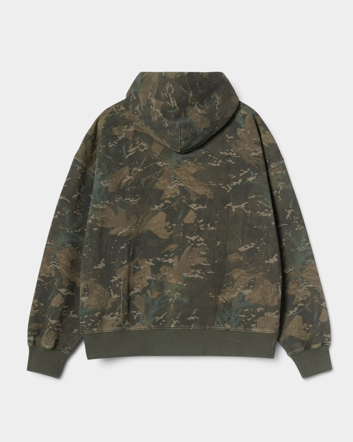Back view of Lockwood Avenue Carhartt Hooded Benton Sweat Jacket in camouflage print heavyweight cotton jersey