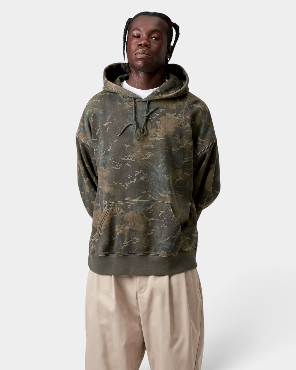 Lockwood Avenue Carhartt hooded camouflage sweatshirt in loose fit cotton with kangaroo pocket worn by a model