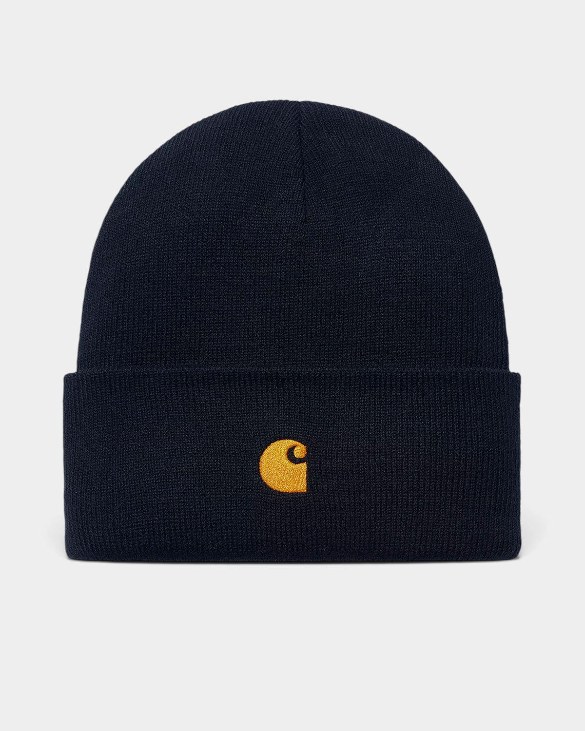 Lockwood Avenue Carhartt Chase beanie in navy blue rib knit acrylic with a gold embroidered C logo on the cuff