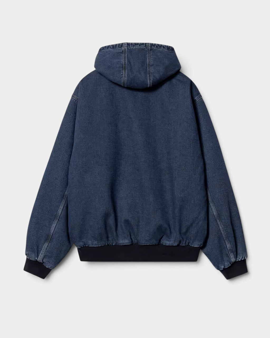 Lockwood Avenue Carhartt OG Active winter jacket in dark midnight organic denim with a hood and ribbed hem, back view.