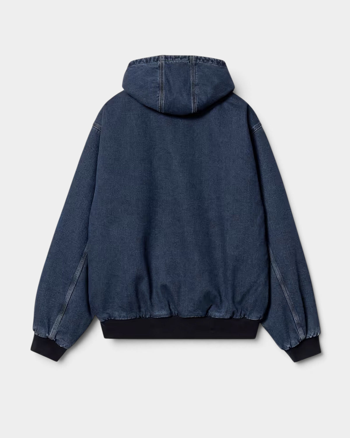 Lockwood Avenue Carhartt OG Active winter jacket in dark midnight organic denim with a hood and ribbed hem, back view.