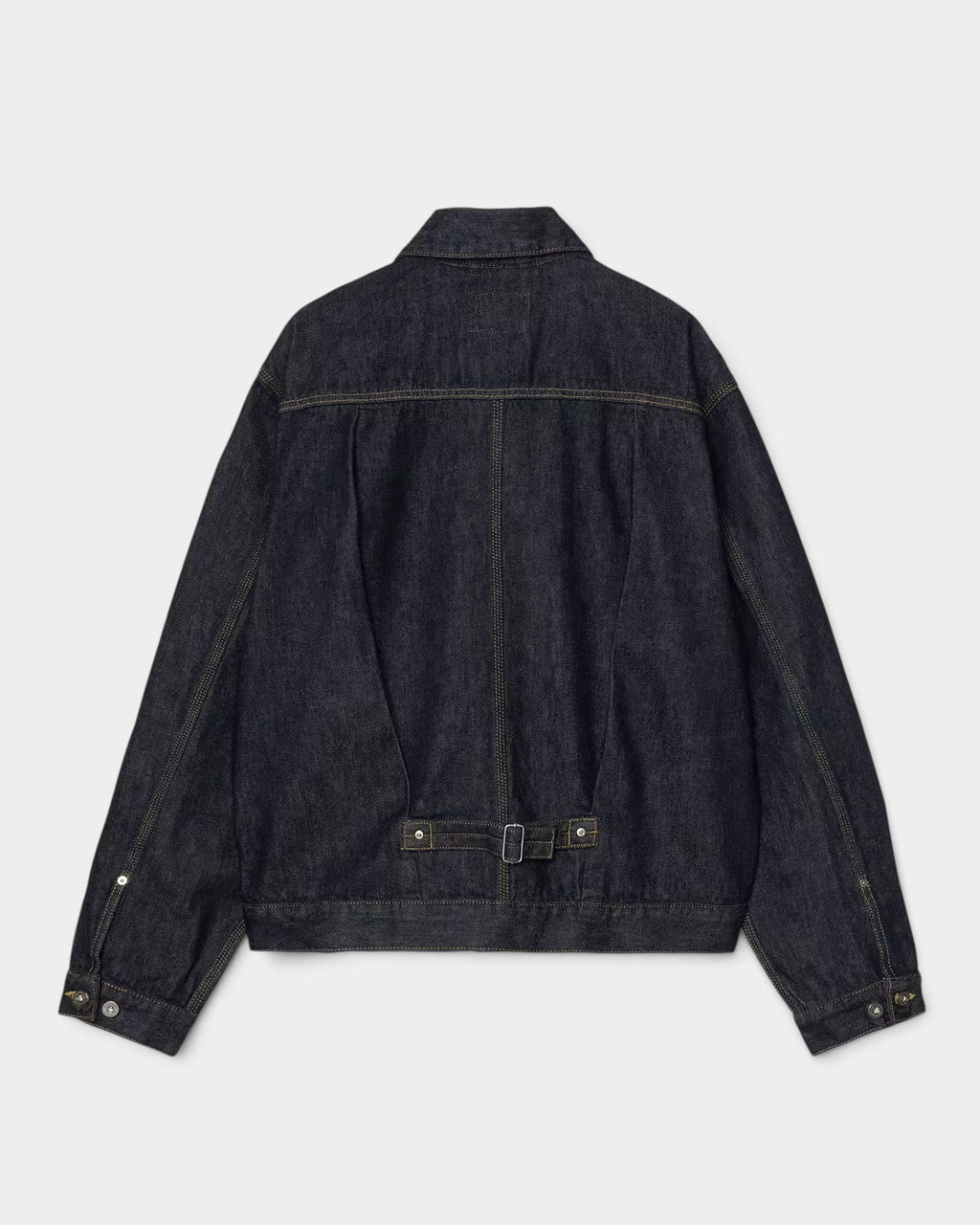 Lockwood Avenue Carhartt Belmar jacket in dark denim cotton with a buttoned back strap, rear view