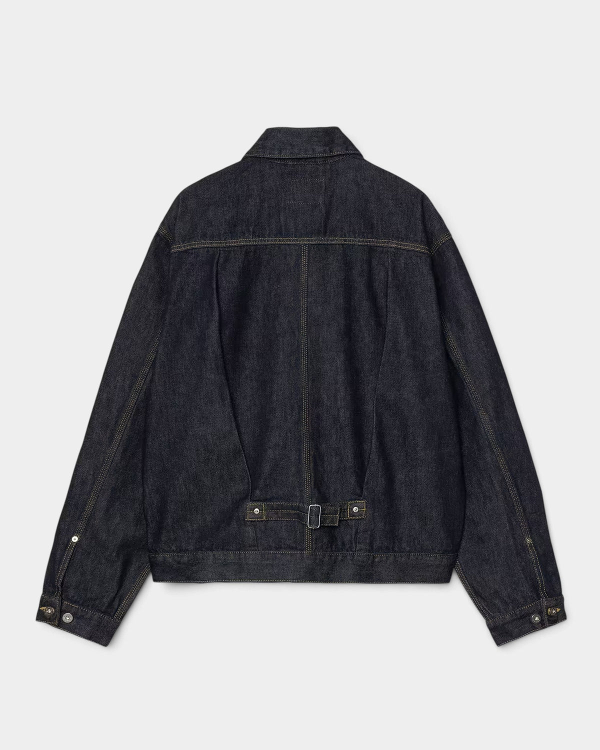 Lockwood Avenue Carhartt Belmar jacket in dark denim cotton with a buttoned back strap, rear view