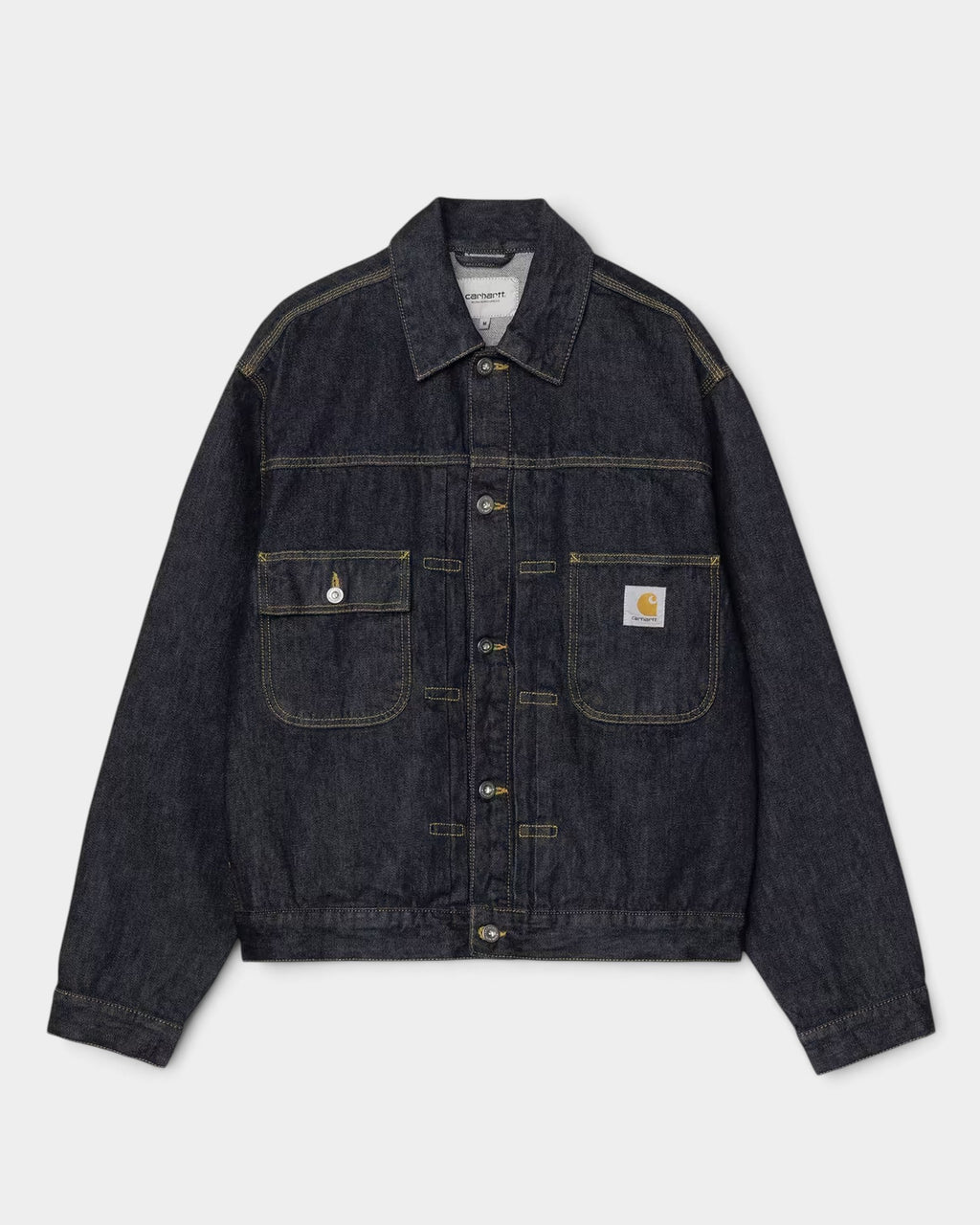 Lockwood Avenue Carhartt Belmar dark blue cotton denim jacket with chest pockets and contrast yellow stitching