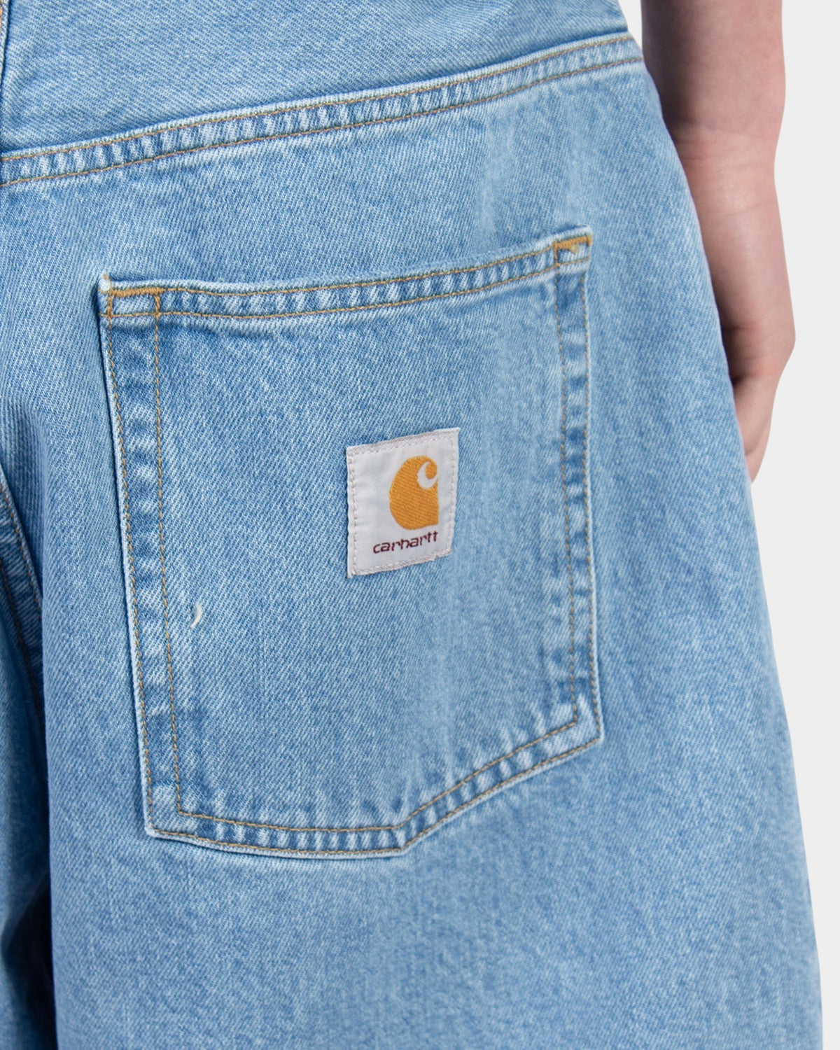 Lockwood Avenue Carhartt Brandon light blue stone-bleached denim shorts featuring a woven square logo back pocket