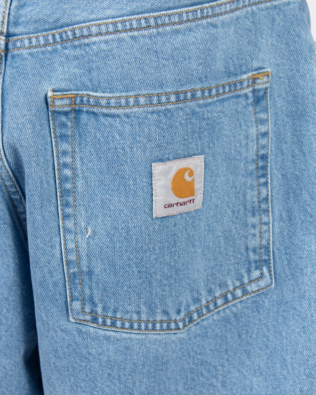 Lockwood Avenue Carhartt Brandon denim shorts in light stone-bleached blue with a square logo patch on back pocket