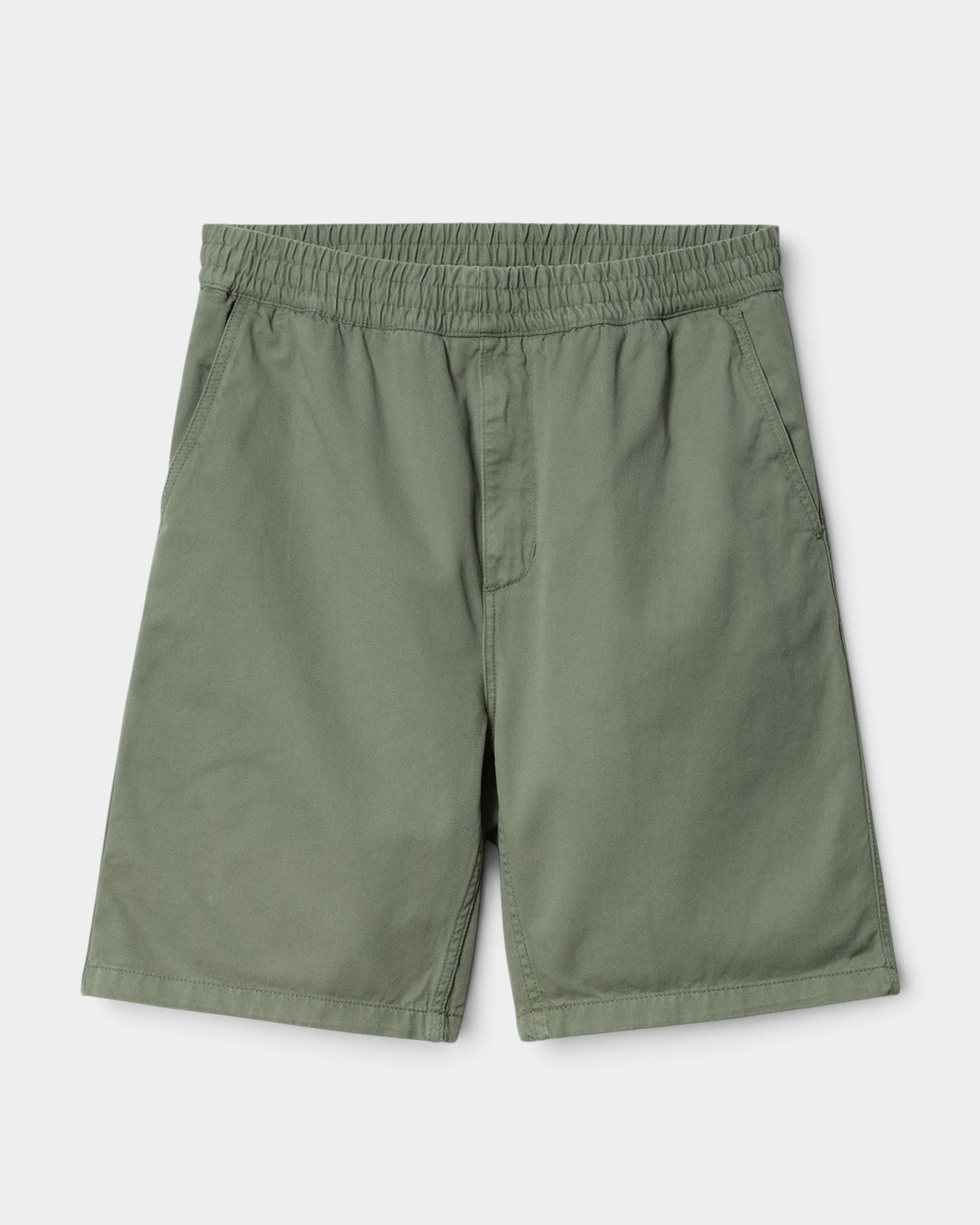 Lockwood Avenue Carhartt Flint shorts in olive green organic cotton twill with an elasticated drawstring waist.