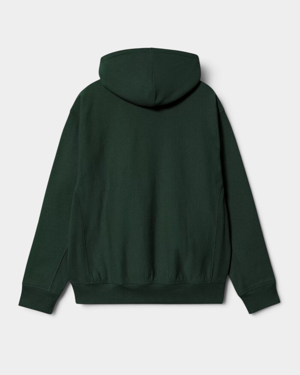 Lockwood Avenue Carhartt American Script hoodie in dark green cotton blend, back view showing loose fit and hood.
