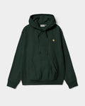 Lockwood Avenue Carhartt American Script dark green hoodie with adjustable hood, kangaroo pocket, and chest logo.