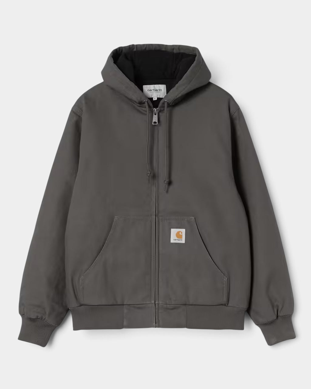 Lockwood Avenue Carhartt Active winter jacket in grey Dearborn canvas with a hood, kangaroo pocket, and quilted lining.