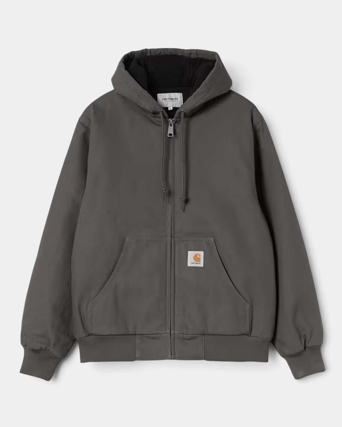Lockwood Avenue Carhartt Active winter jacket in grey Dearborn canvas with a hood, kangaroo pocket, and quilted lining.