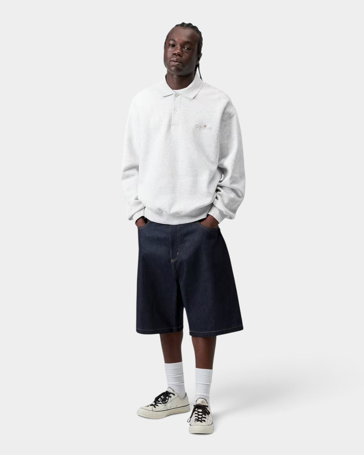 Lockwood Avenue Carhartt Label Polo Sweatshirt in grey heavyweight cotton with balloon fit and chest embroidery
