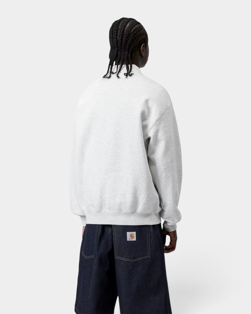 Lockwood Avenue Carhartt Label Polo Sweatshirt in light grey cotton with a loose balloon fit, back view.