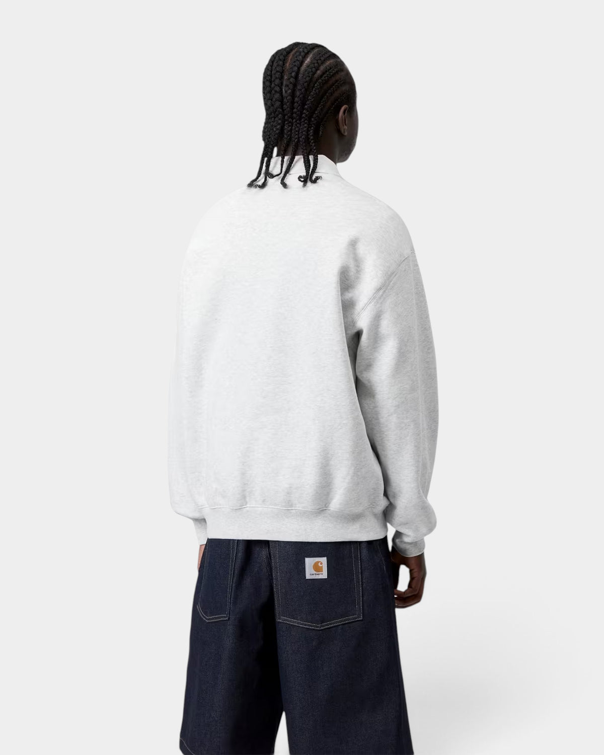 Lockwood Avenue Carhartt Label Polo Sweatshirt in light grey cotton with a loose balloon fit, back view.