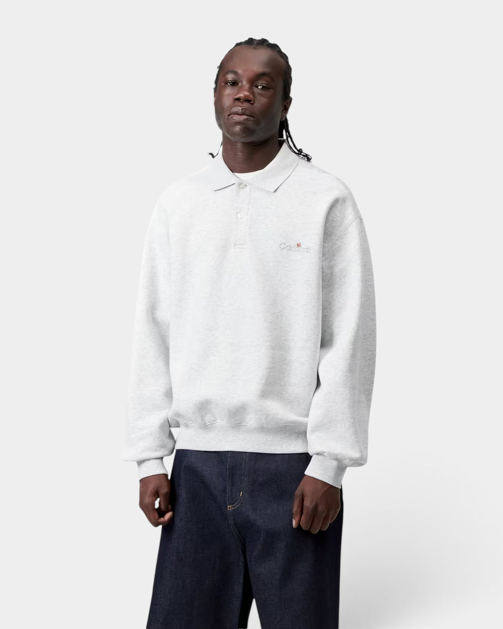Lockwood Avenue Carhartt Label Polo Sweatshirt in grey cotton with balloon fit, dropped shoulders, and chest logo.
