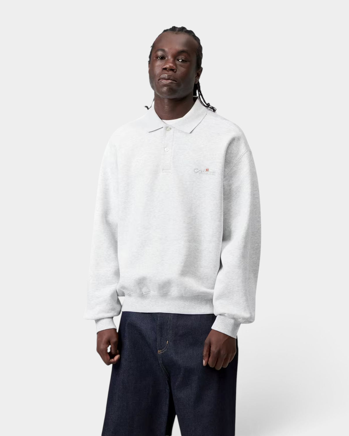 Lockwood Avenue Carhartt Label Polo Sweatshirt in grey cotton with balloon fit, dropped shoulders, and chest logo.