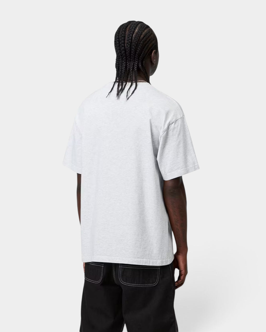 Lockwood Avenue Carhartt WIP III loose fit grey organic cotton t-shirt worn by a model, back view.