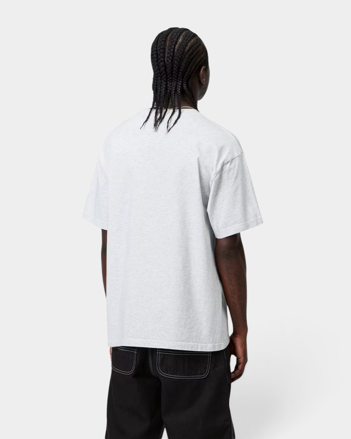 Lockwood Avenue Carhartt WIP III loose fit grey organic cotton t-shirt worn by a model, back view.