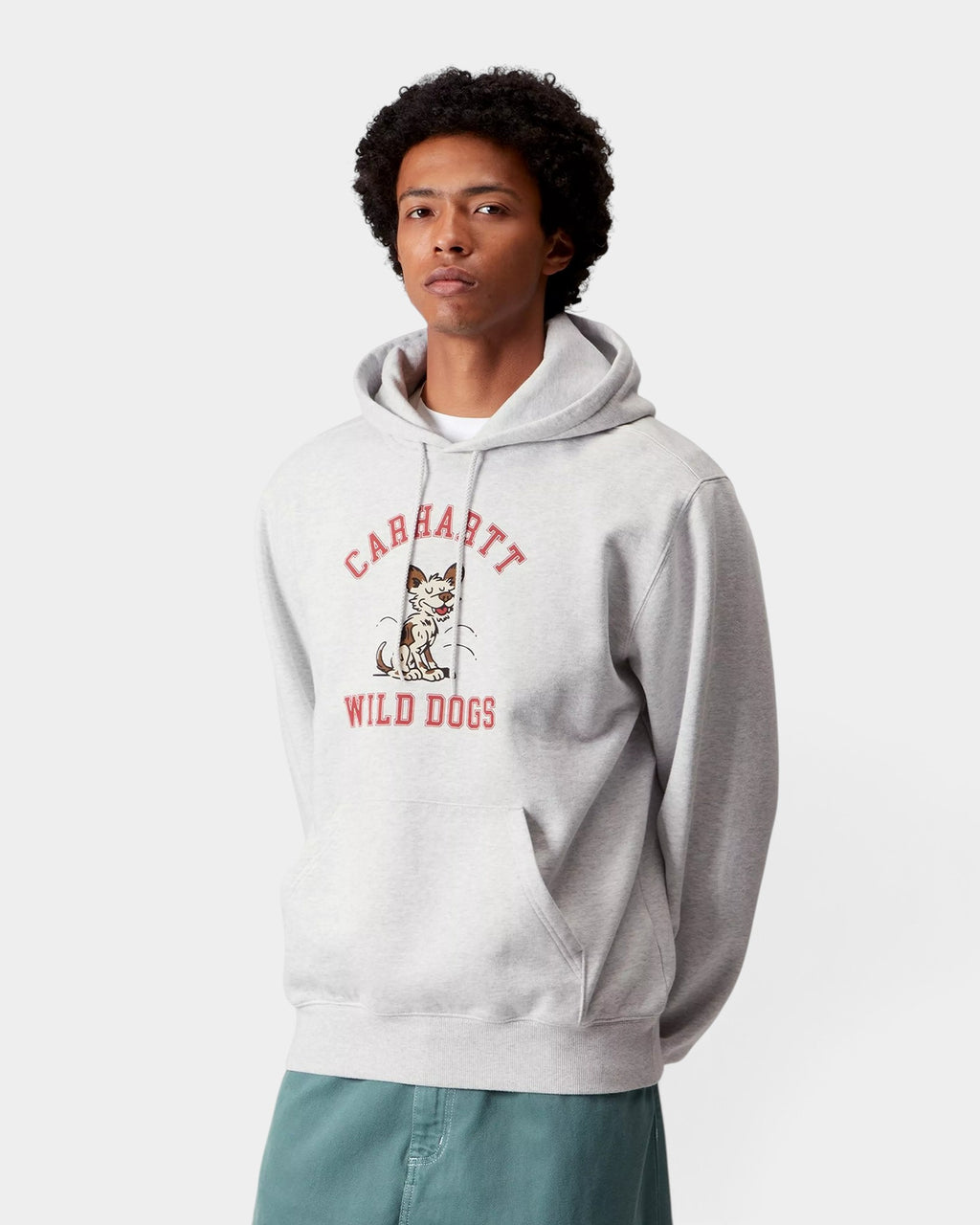 Lockwood Avenue model wearing a grey Carhartt Hooded Wild Dog sweatshirt with a graphic print and kangaroo pocket