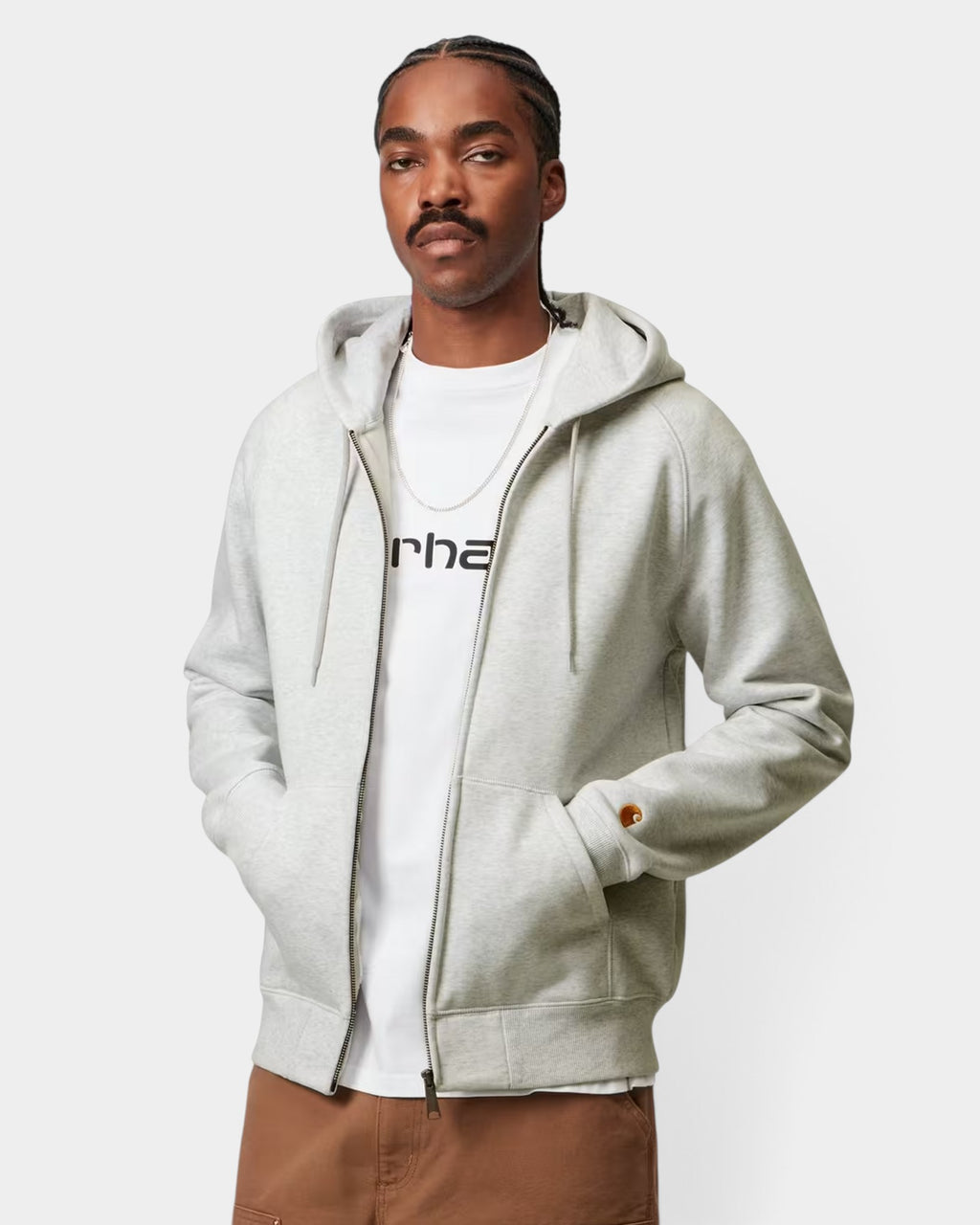 Lockwood Avenue Carhartt Hooded Chase Jacket in grey polycotton jersey with gold embroidered logo and front zip