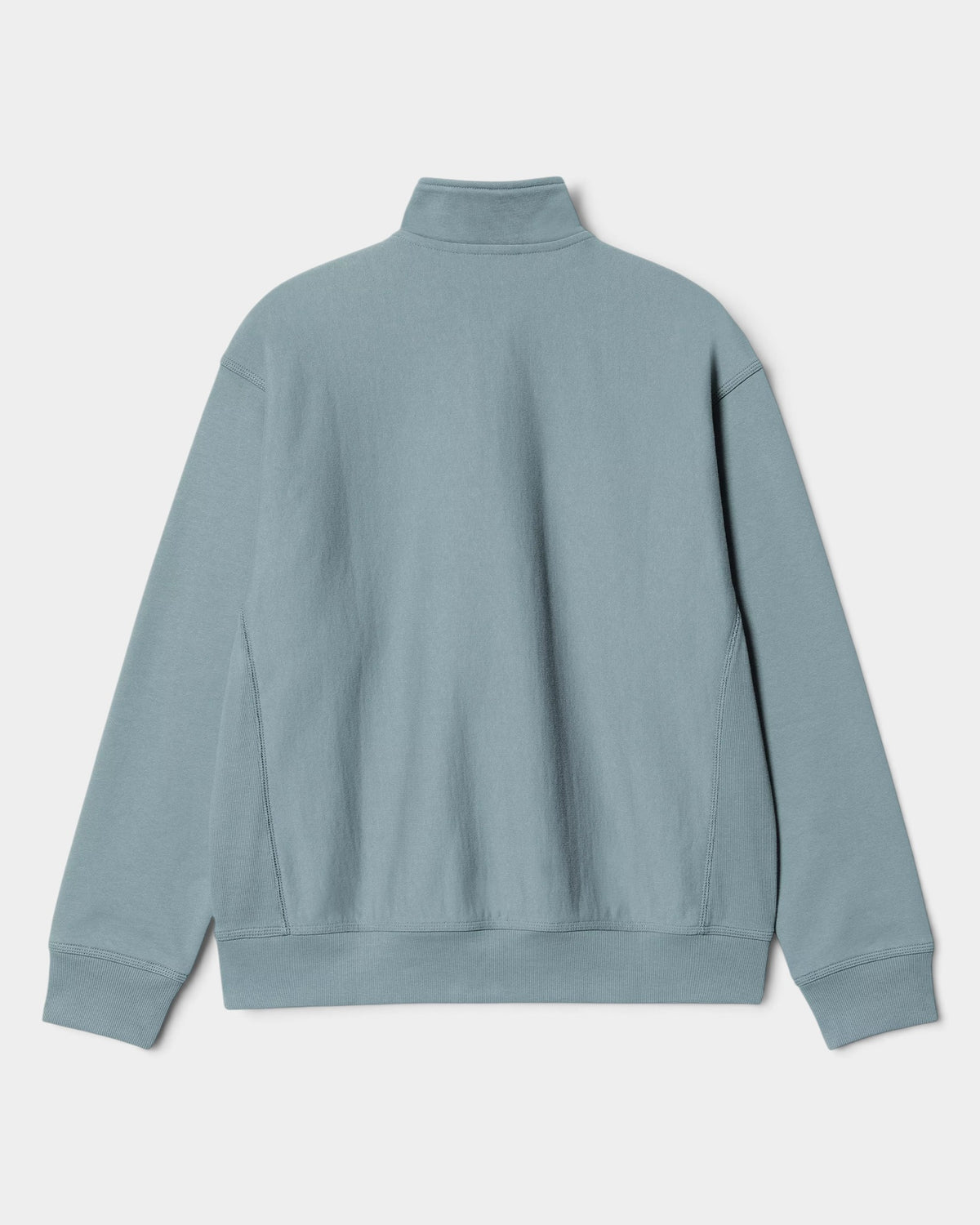 Back view of a Lockwood Avenue Carhartt American Script half-zip sweatshirt in dusty blue cotton-polyester blend.