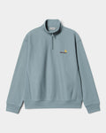 Lockwood Avenue Carhartt American Script half-zip sweatshirt in dusty blue cotton blend with embroidered logo