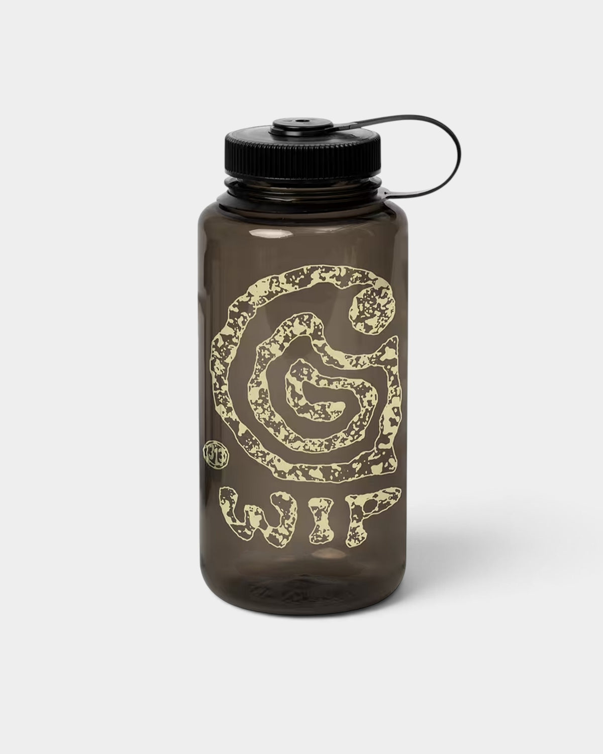 Lockwood Avenue Carhartt Helix 1L Tritan water bottle in translucent grey with a black cap and graphic logo print.