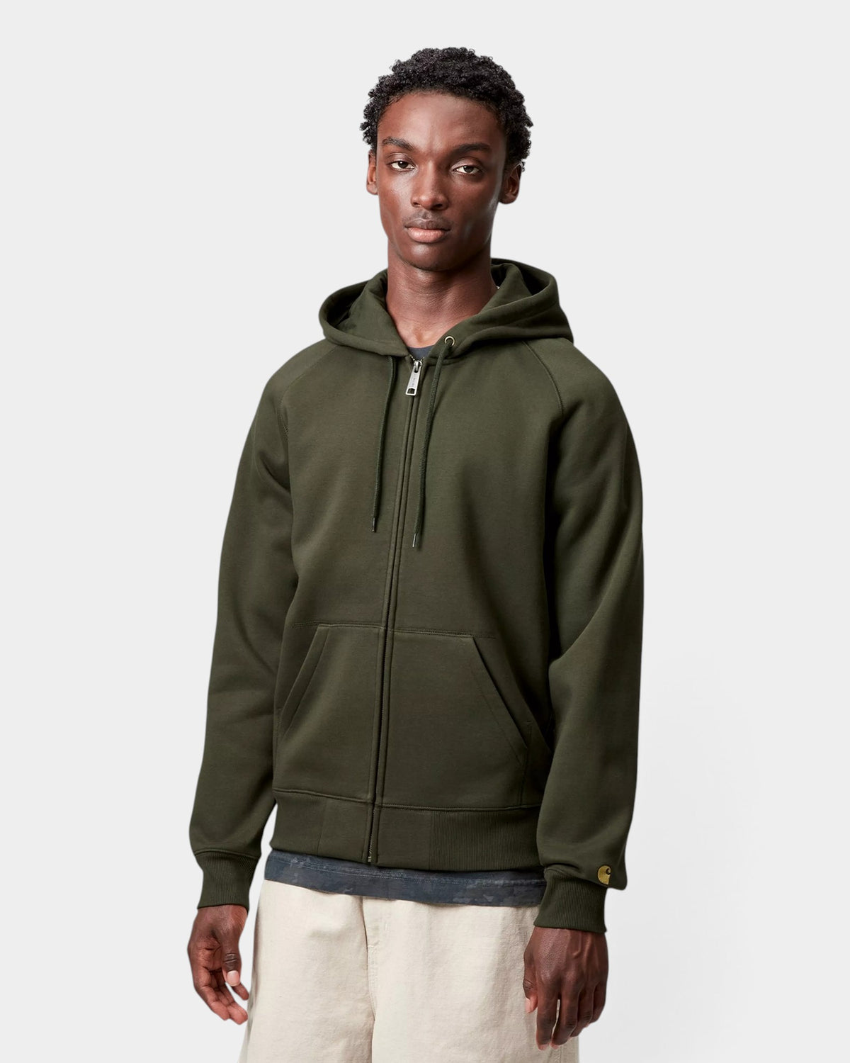 Lockwood Avenue Carhartt Hooded Chase Jacket in dark green polycotton with raglan sleeves and embroidered logo