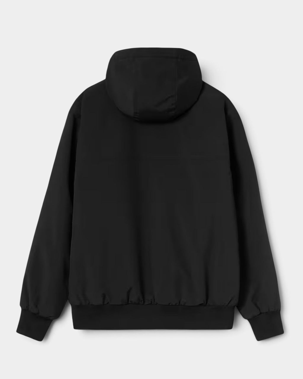 Back view of a black Carhartt Hooded Sail Jacket by Lockwood Avenue featuring a fleece-lined hood and rib-knit hem.