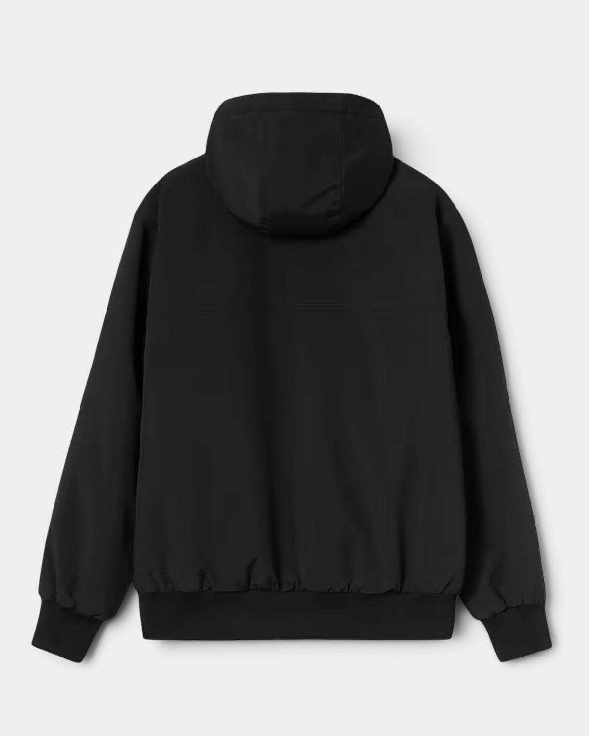Back view of a black Carhartt Hooded Sail Jacket by Lockwood Avenue featuring a fleece-lined hood and rib-knit hem.