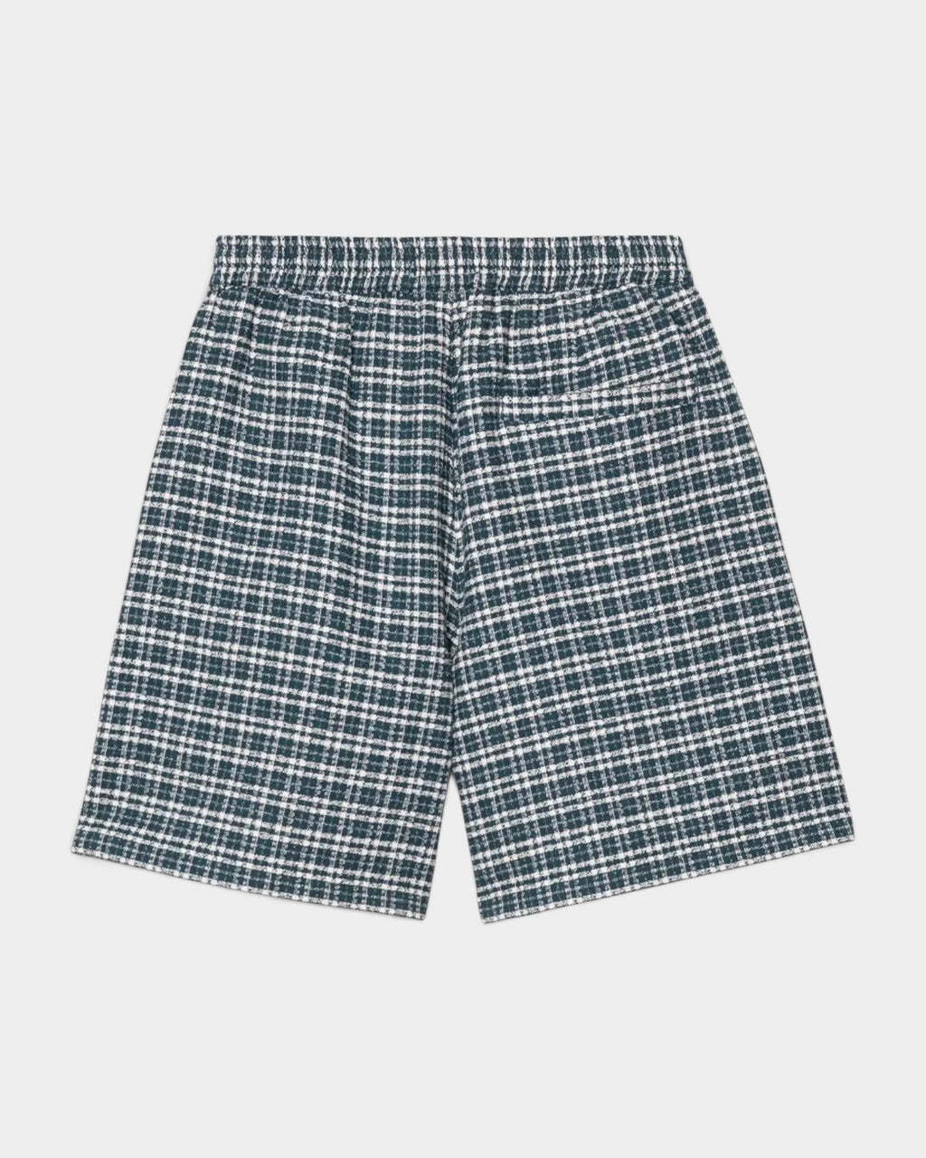 Lockwood Avenue Carhartt Kander shorts in a dark green and white waffle-textured plaid cotton with a rear pocket