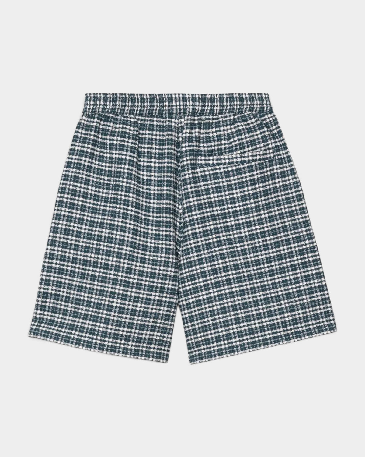 Lockwood Avenue Carhartt Kander shorts in a dark green and white waffle-textured plaid cotton with a rear pocket
