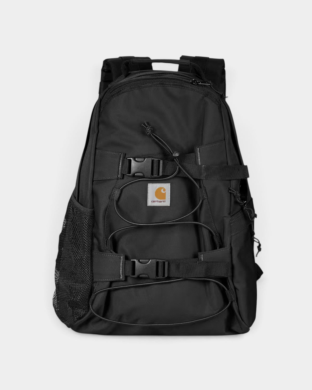 Lockwood Avenue Carhartt Kickflip black recycled polyester skate backpack with front board straps and mesh pockets.