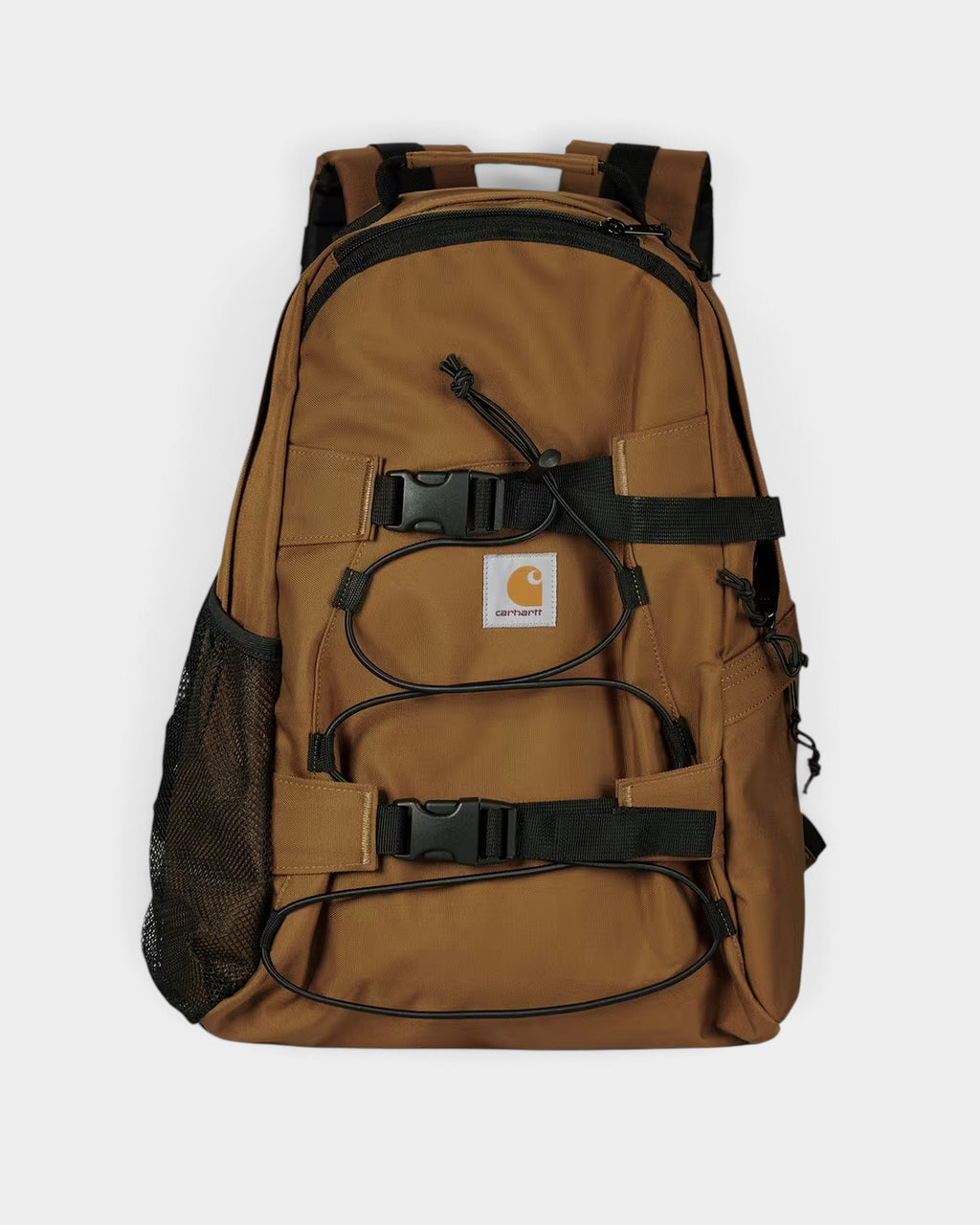 Lockwood Avenue Carhartt Kickflip brown recycled polyester skate backpack with front board straps and mesh side pocket