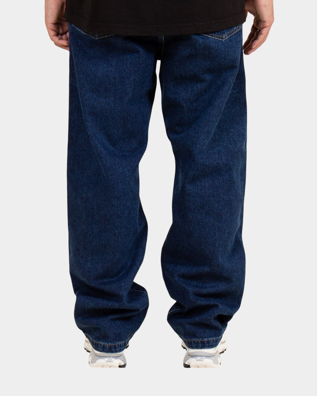 Lockwood Avenue Carhartt Landon loose tapered denim pants in dark blue stone washed cotton, rear view.