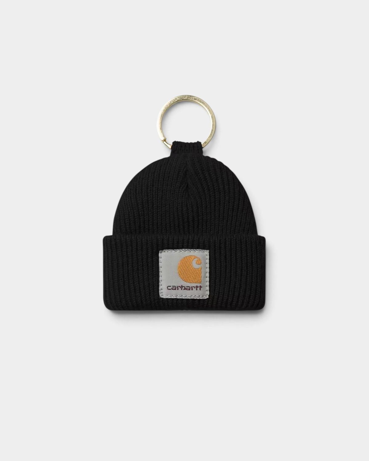 Lockwood Avenue Carhartt black rib knit mini beanie keychain with woven square logo label and metal ring
