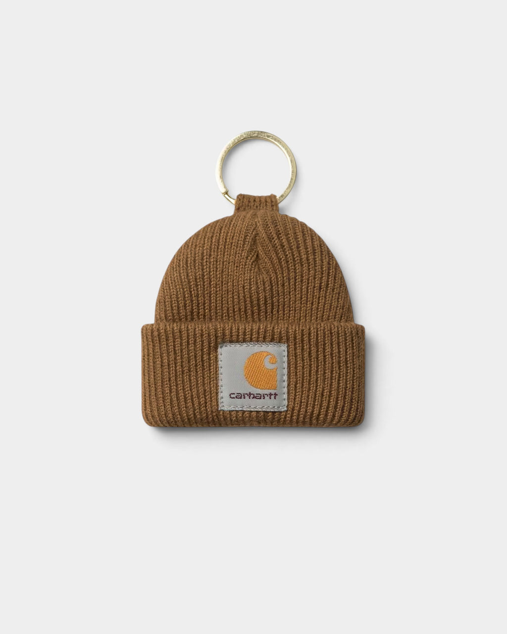 Lockwood Avenue Carhartt mini brown acrylic rib knit beanie keychain with woven square logo label
