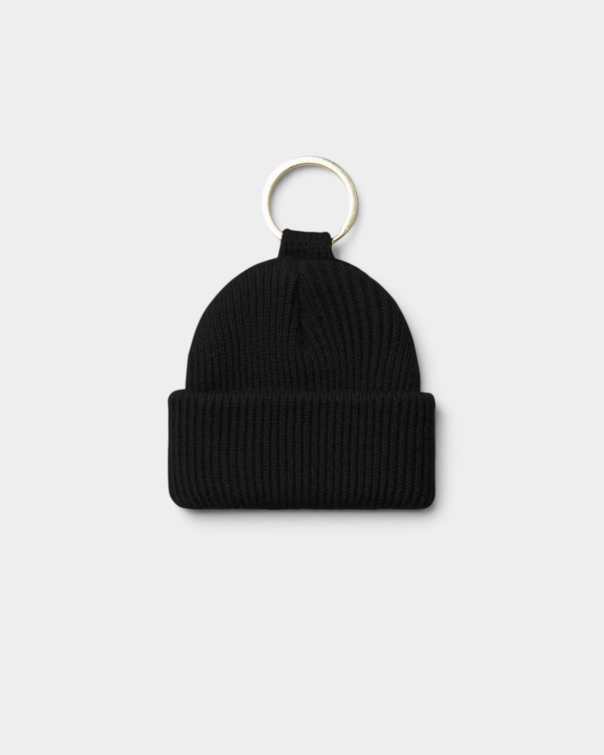 Lockwood Avenue Carhartt black rib knit mini beanie keychain with a metal ring and woven square label.