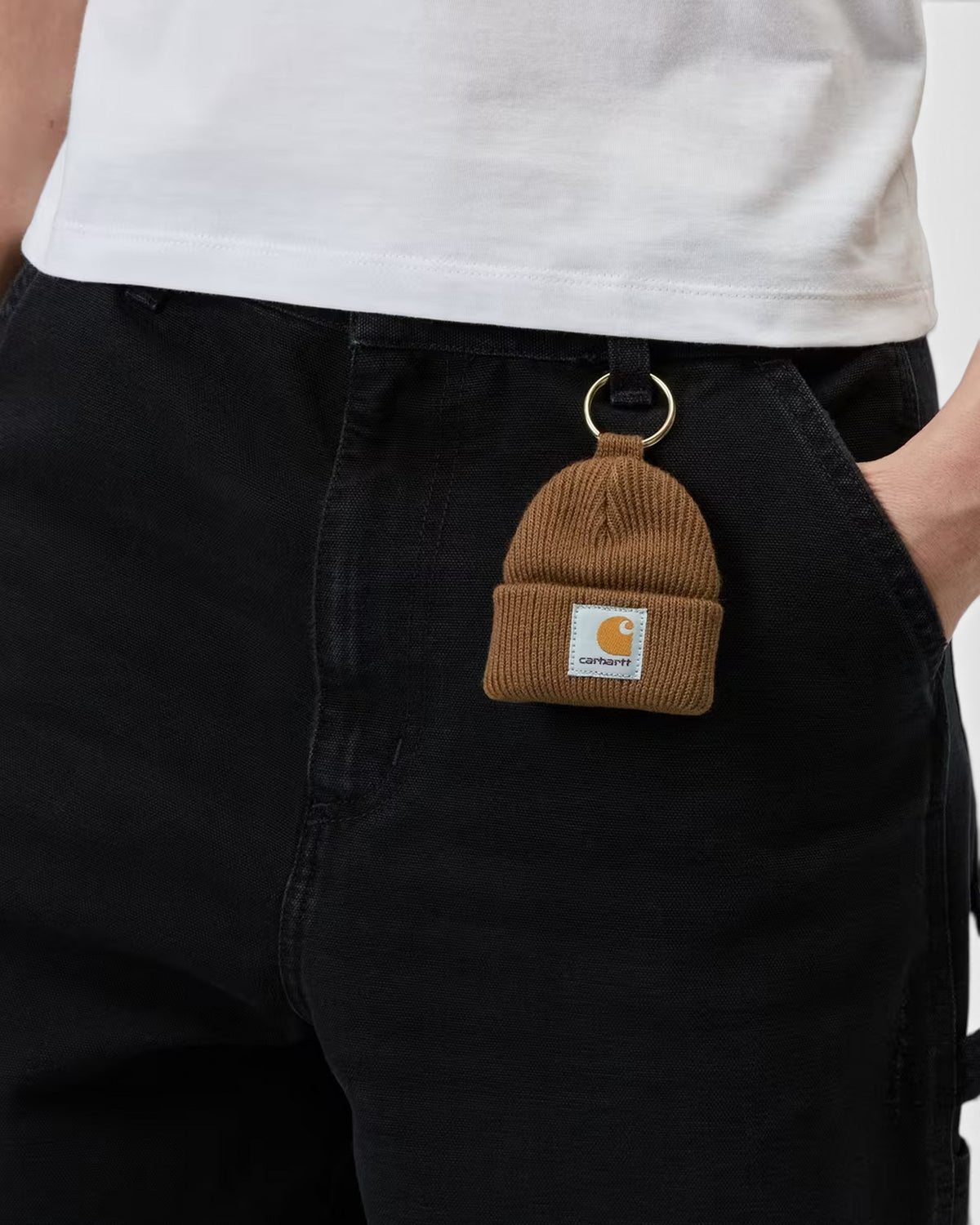 Lockwood Avenue Carhartt mini brown acrylic rib knit watch hat keychain with woven square label on a metal ring