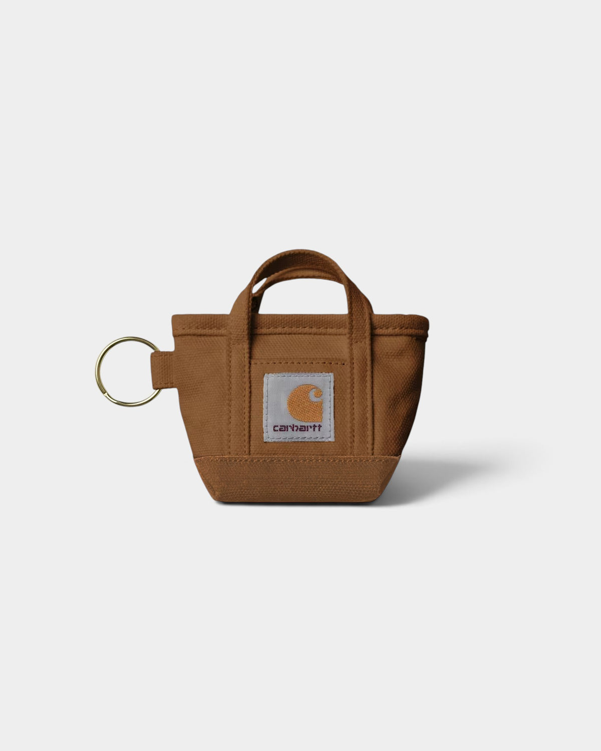 Lockwood Avenue Carhartt mini tote bag keychain in Hamilton Brown canvas with a metal keyring and woven square label.