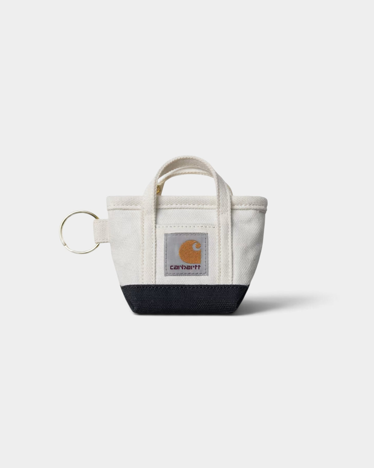 Lockwood Avenue Carhartt mini tote bag keychain in natural canvas with a black base and woven square logo label.