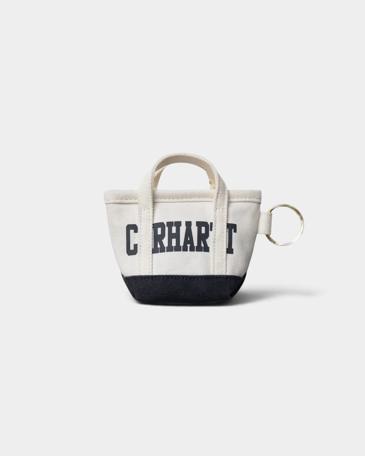 Lockwood Avenue Carhartt mini tote bag keychain in natural canvas with black base and metal keyring attachment.