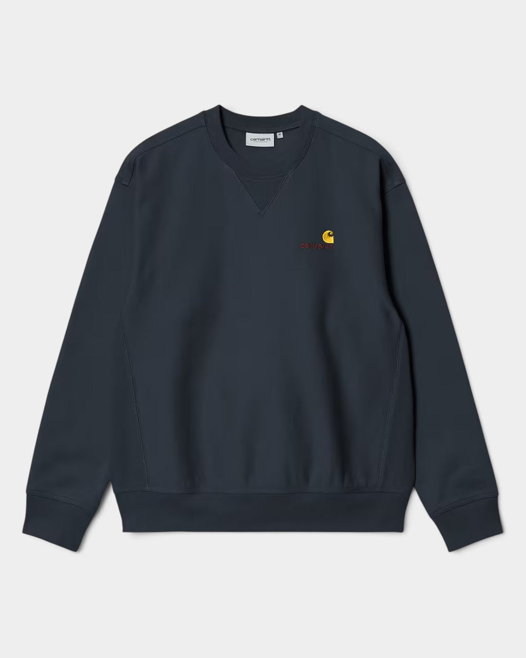 Lockwood Avenue Carhartt American Script crewneck sweatshirt in dark navy with yellow and red chest embroidery