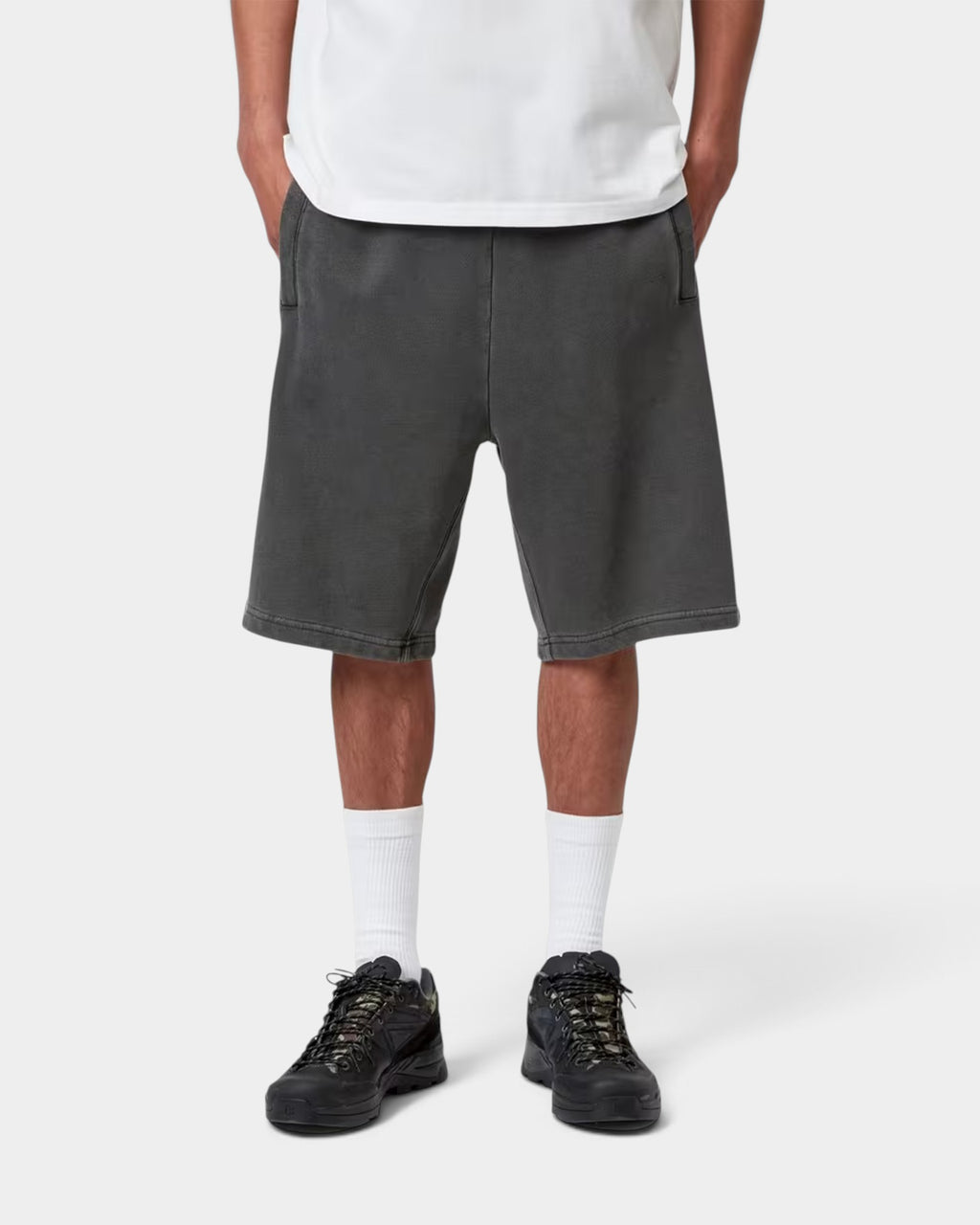 Lockwood Avenue Carhartt Nelson sweat shorts in washed charcoal cotton with a loose balloon fit and ribbed trims.