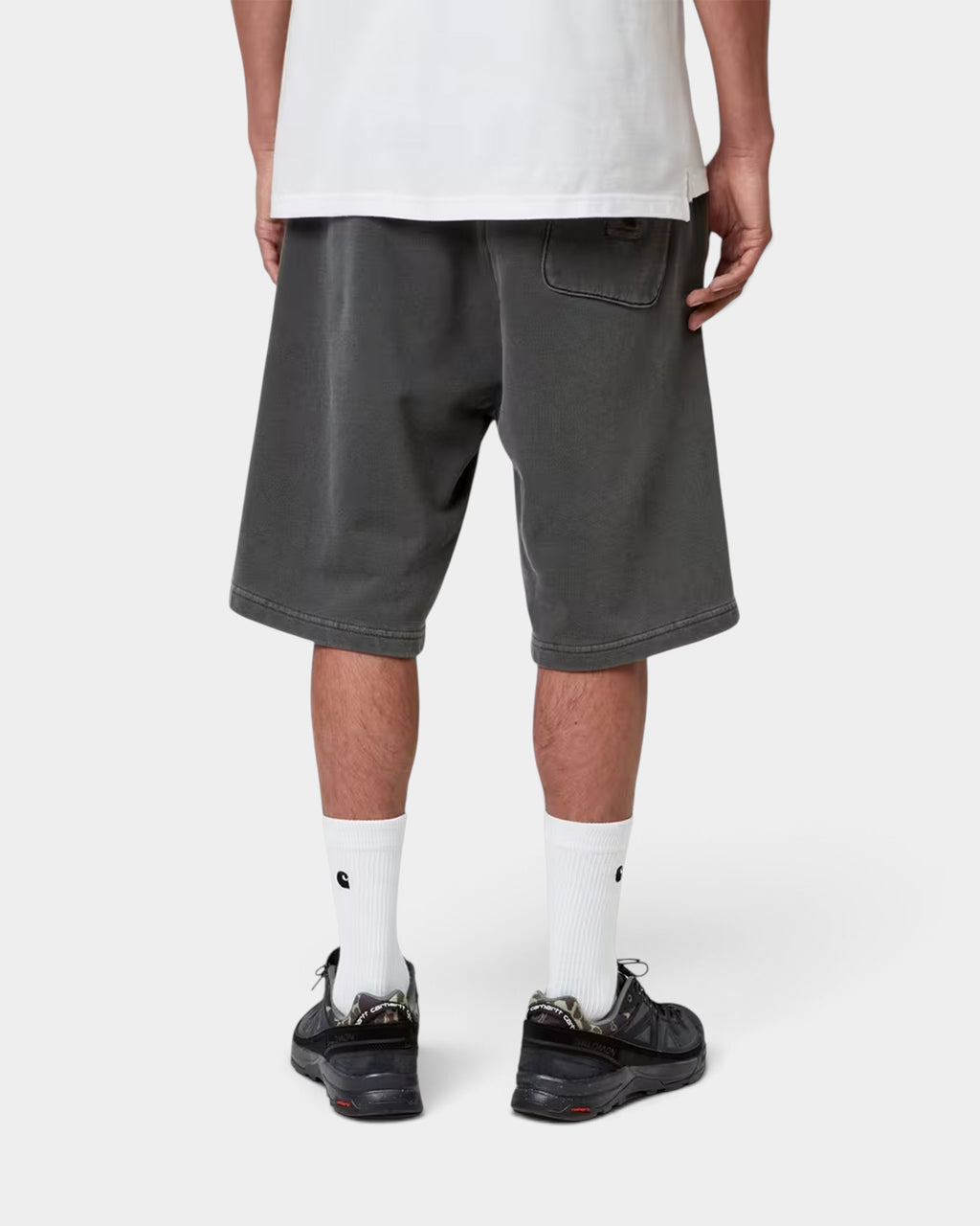 Lockwood Avenue Carhartt Nelson sweat shorts in washed grey cotton with a rear pocket square label, back view