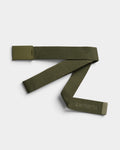 Lockwood Avenue Carhartt olive green polyester web belt with tonal embroidered script logo and metal clip buckle.