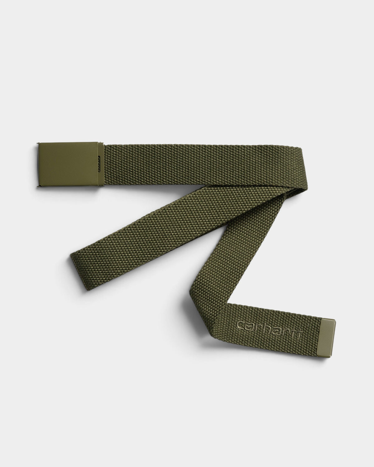 Lockwood Avenue Carhartt olive green polyester web belt with tonal embroidered script logo and metal clip buckle.